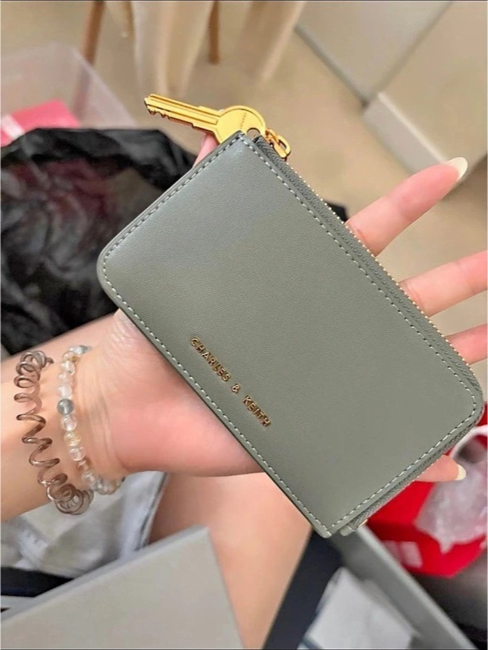 Charles & Keith Zip-Around Card Holder in Green & Pink Brand new